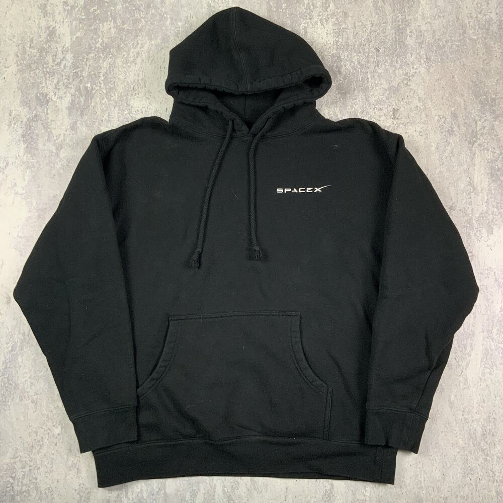 SpaceX Hoodie Mens Large Black Pullover Elon Musk Exploration Logo Relaxed